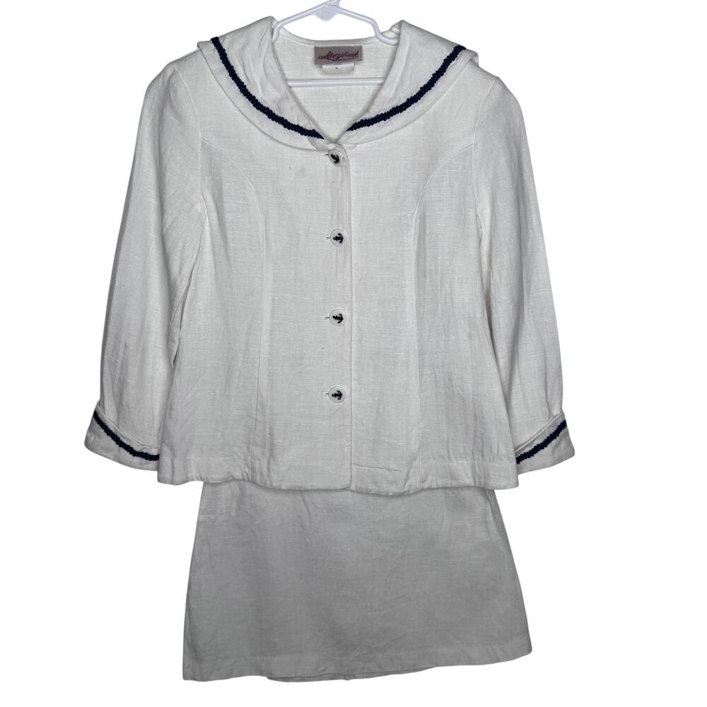 1990s Storybook Heirloom Girls Sailor Linen Set White Navy Nautical age 7 USA